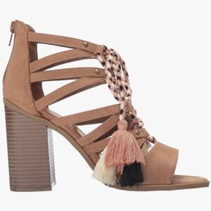 indigo rd. Tassel Sandal Block Heel Women Sz 9 Leather Lace Up Festival Boho Tan